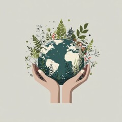 Hands holding Earth with plants, symbolizing environmental protection and sustainability.