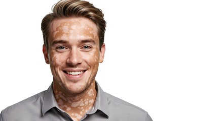 Smiling confident young man with vitiligo wearing a gray shirt, standing against a white background, showcasing natural beauty, diversity and self-acceptance.