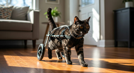 Disabled cat walking with wheelchair support indoors
