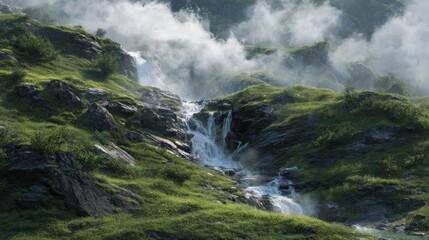 Obraz premium Mountain waterfall flowing down hillsides