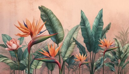 A vibrant display of tropical birds of paradise flowers and lush green foliage, set against a soft peachy background.