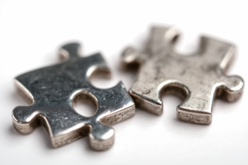 Two silver jigsaw puzzle pieces close-up macro shot representing connection solution and teamwork