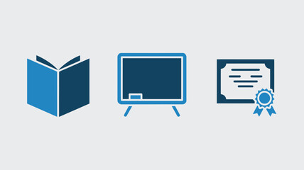 Education icon set featuring a book blackboard and diploma simple vector glyph design for educational websites and apps isolated on white background