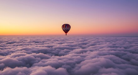 Hot air balloon soaring above fluffy clouds at sunset or sunrise