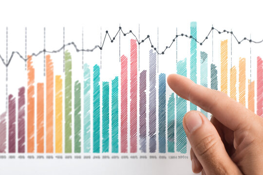 Hand pointing to colorful bar graph and line chart business data analysis and presentation concept for financial growth and market trends