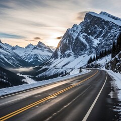 Snowy Mountain Road Trip Scenic View.