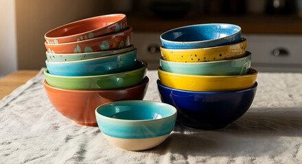 Colorful Ceramic Bowls Stacked on Table.