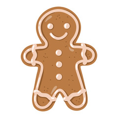 Cute cartoon gingerbread man cookie with icing decoration. Hand drawn vector isolated illustration. 