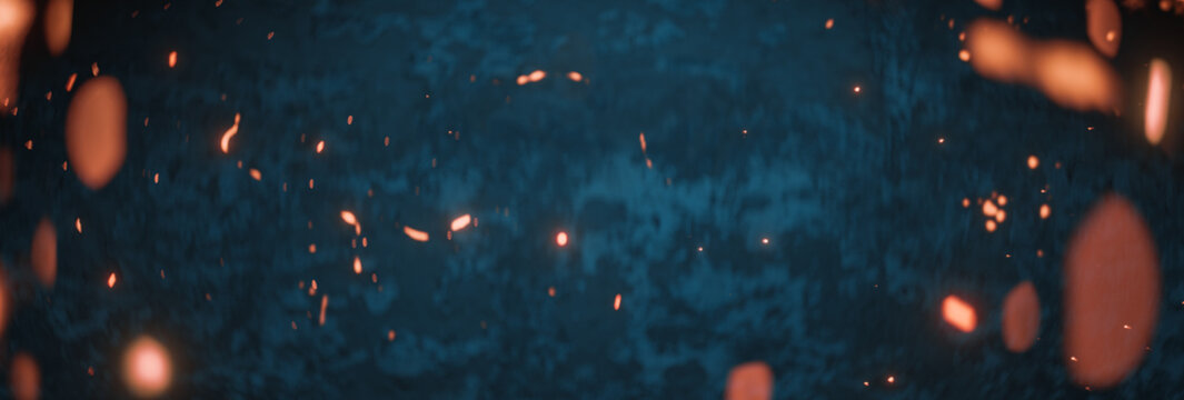 3d rendering of anamorphic bokeh background with flying fire particles in front of concrete blue wall