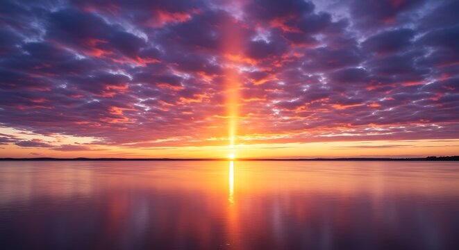 Dramatic sunset over calm water with vibrant colors and cloud reflections