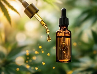 A close-up of a CBD oil bottle with a dropper, showcasing amber glass and a drop of oil falling amidst lush green foliage, evoking tranquility.