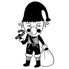 Funny Christmas gnome with bag and candy. The concept of Christmas, New Year. hand-drawn illustration