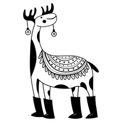 Funny Christmas deer with tree toys. Christmas, New year concept. Hand drawn illustration