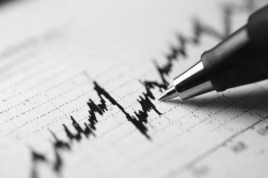 A close-up, black and white shot of a pen tip analyzing a fluctuating line graph representing data on paper.