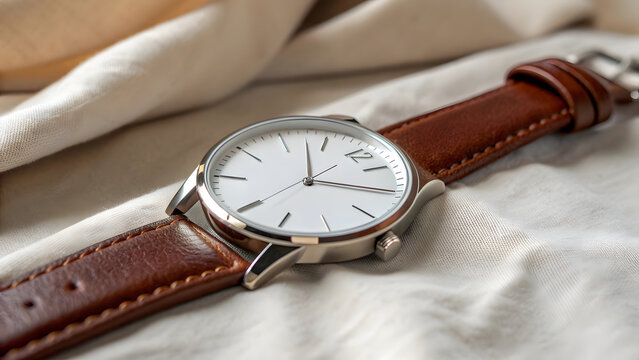 A timeless and elegant minimalist analog wristwatch rests on a soft, textured surface, exuding understated sophistication
