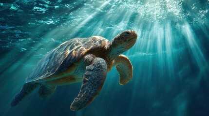Obraz premium Sea Turtle Swimming in Ocean with Sun Rays.