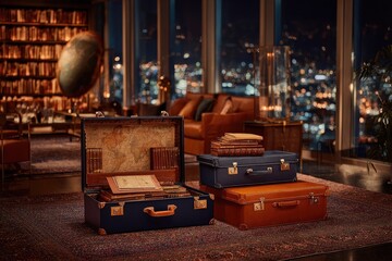 Stacked Vintage Suitcases In Luxurious Library Interior With City View