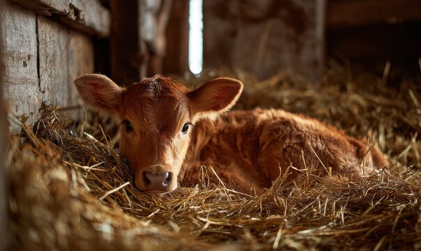 Adorable Calf Resting Peacefully on Straw Bed in Barn.