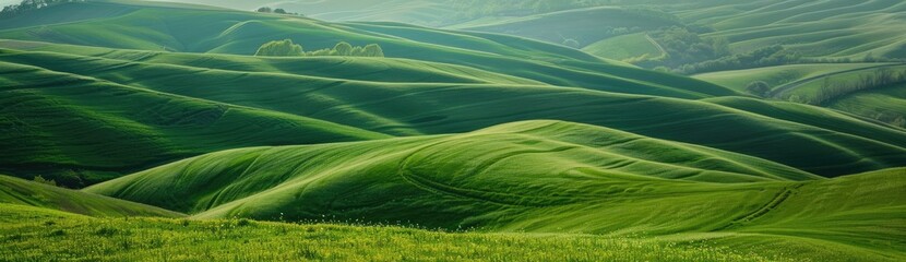 Obraz premium Rolling green hills under a soft, hazy sky, showcasing a serene landscape with varying shades of green and subtle textures in the vegetation