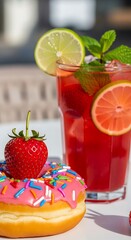 Pink Donut, Strawberry, and Refreshing Drink.