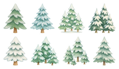 Fototapeta premium PNG Charming winter watercolor pine trees, element set on transparent background