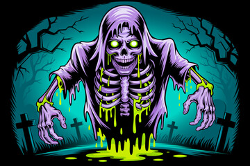 Creepy skeleton with glowing eyes vector illustration for Halloween design for sticker, t-shirt, logo, poster, banner, card, clipart. Halloween Cartoon Character skeleton. Skeleton Halloween design