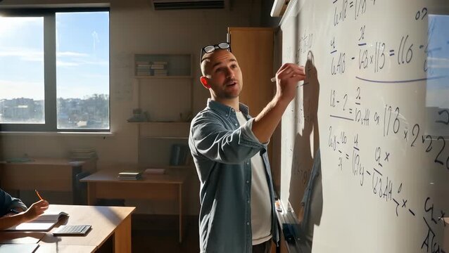 Young Male Teacher Explaining Math Concepts in Classroom