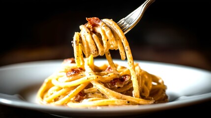 Delicious Spaghetti with Creamy Sauce and Crispy Bacon Garnish