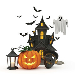 A Halloween scene features a lit pumpkin haunted house ghost mask lantern  bats against a white backdrop