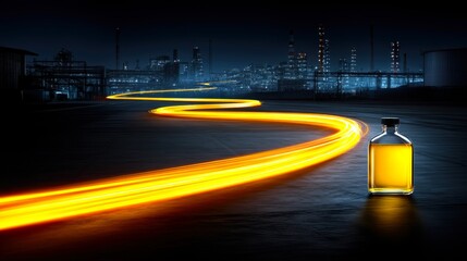 Illuminated Bottle with Liquid on Industrial Background at Night