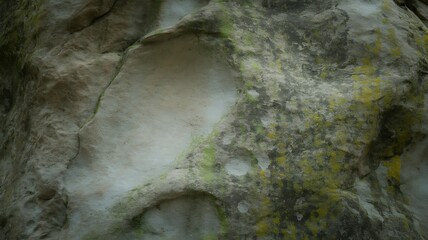 Close-up of a weathered rock surface with green moss and lichen Keywords: rock, stone, texture, moss, lichen, weathered, natural, surface, background, geology, erosion, organic, rough, detail