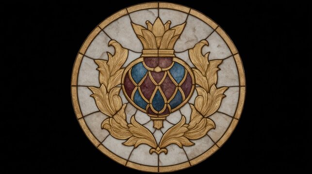 Stained glass window with ornate design in a circular shape on black background