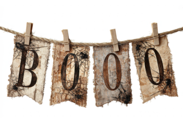 Rustic Halloween banner with BOO message hanging from a twine string with clothespins isolated on white for seasonal decoration