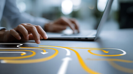 Businessman using laptop with digital strategic path arrows.