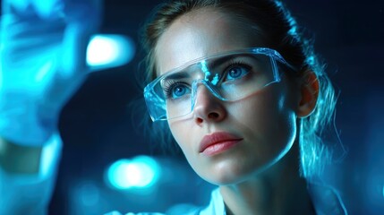 Female Scientist Analyzing Liquid in Laboratory Under Blue Light