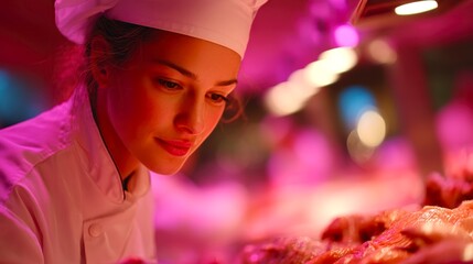 Young Female Chef Selecting Fresh Ingredients with Focused Expression