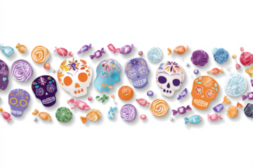 Colorful sugar skulls and candies arranged in a horizontal row on white.