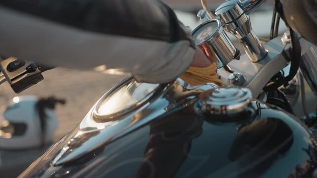 Close up of rider hand wiping shiny motorcycle tank with yellow cloth, sunlight reflecting on chrome handlebars and gauges while polishing metal surface for maintenance and care