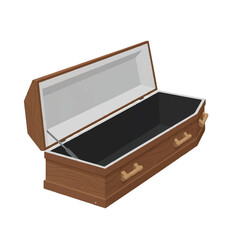 An open brown coffin with silver support and handles