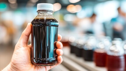 Hand Holding Bottle of Dark Liquid in Modern Beverage Factory