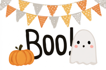 Cute Halloween-themed illustration featuring a pumpkin, ghost, and festive bunting with the word 'Boo!'.