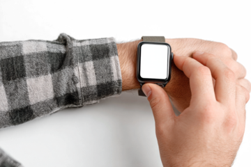 A person wearing a smartwatch on their wrist, with the screen blank and ready for interaction.