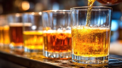 Refreshing Beer Pour in Glass with Blurred Background of Pub