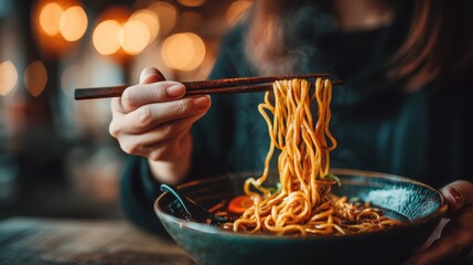 Woman Enjoying Steaming Bowl of Noodles with Chopsticks in Restaurant