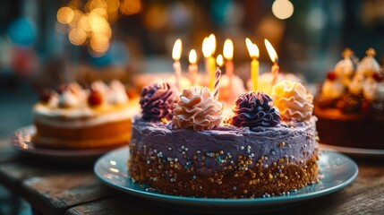 Colorful Birthday Cake with Candles and Festive Decorations