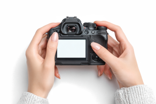 A woman's hands holding a modern black digital camera with a blank white screen, isolated on a white background.