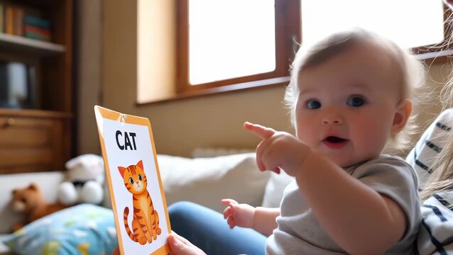 Baby Learning to Identify a Cat with Flashcard