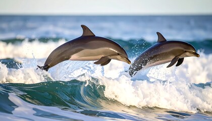 Fototapeta premium Two dolphins leaping over waves