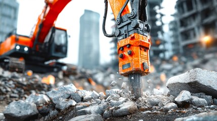 Heavy Machinery in Urban Demolition Site with Excavator in Action