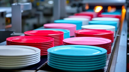 Colorful Plates on Conveyor Belt in Modern Manufacturing Facility
